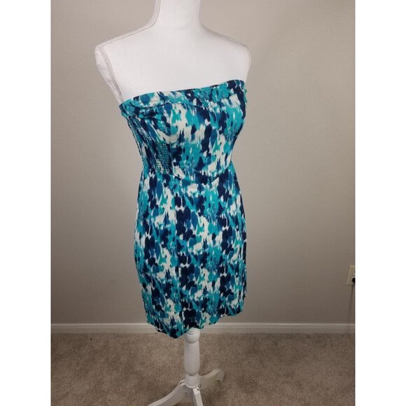 Free People Strapless Blue & Teal Abstract Print Mini Dress With Smocked Back - Picture 7 of 11